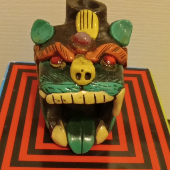 MAYAN AZTEC CLAY DEATH WHISTLE JAGUAR CAT MAN IN MOUTH HANDMADE FOLK ART MEXICO - Picture 5 of 7